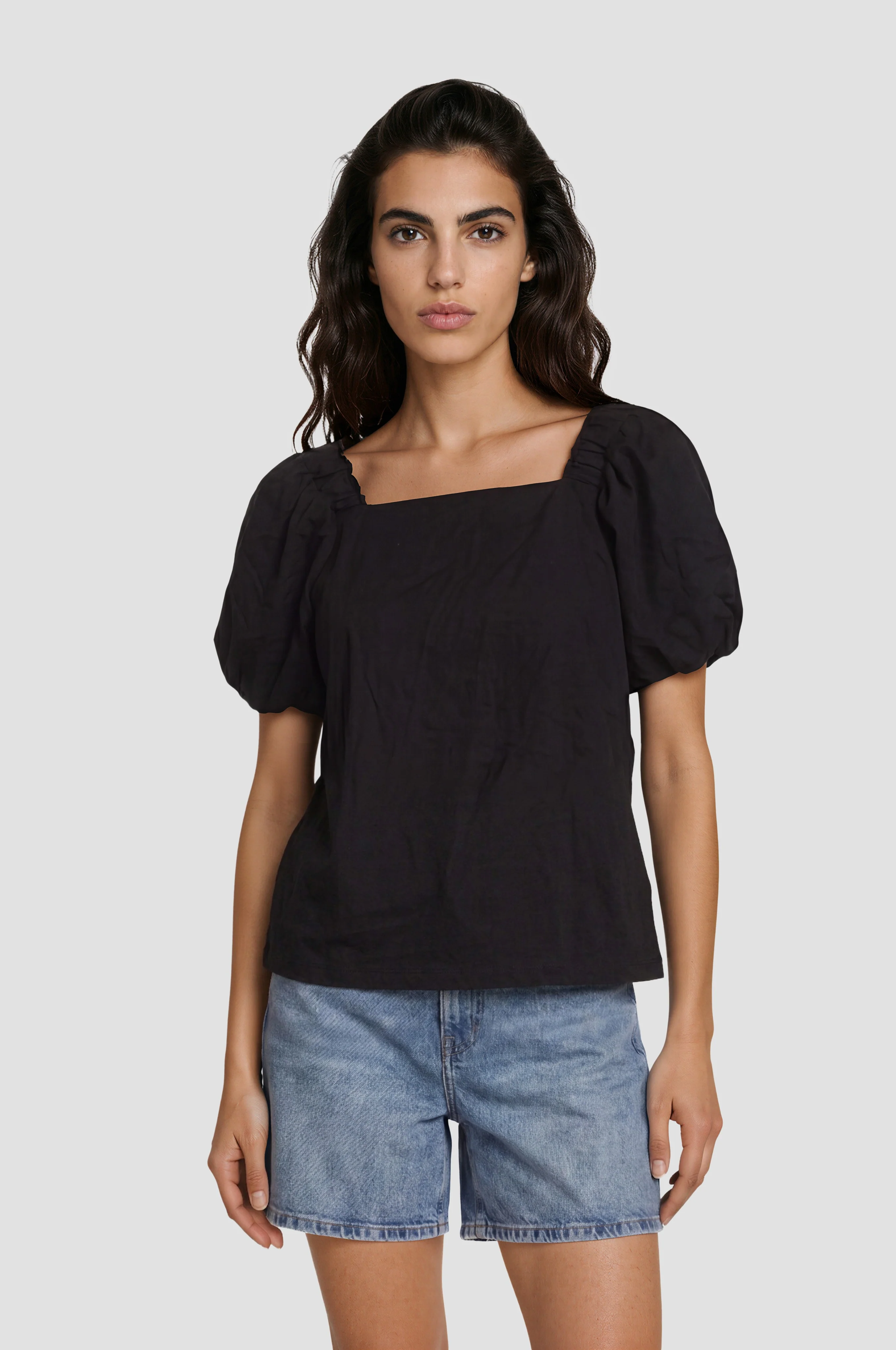 Square Neck Bell Sleeve Top - Black