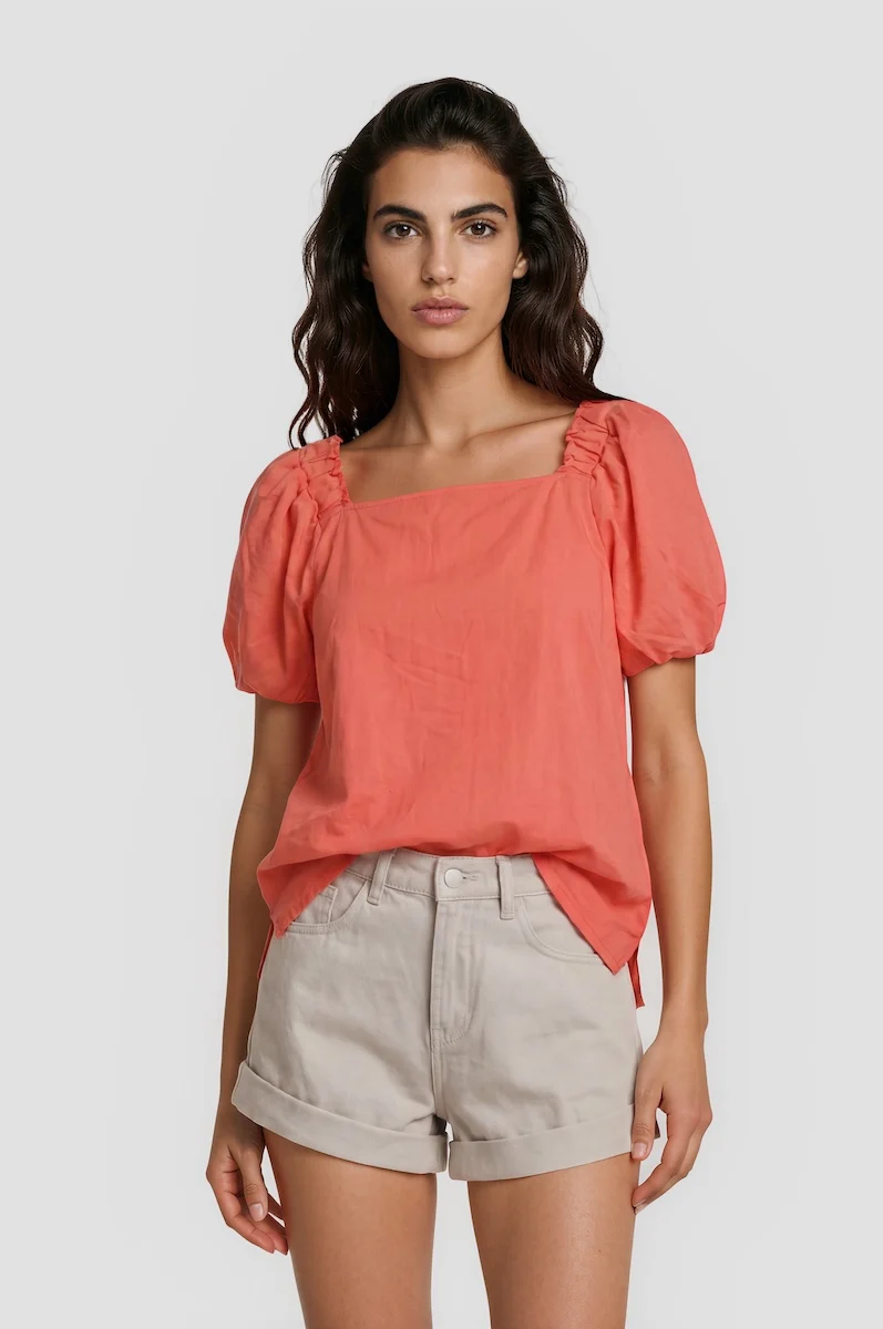 Square Neck Bell Sleeve Top - Coral