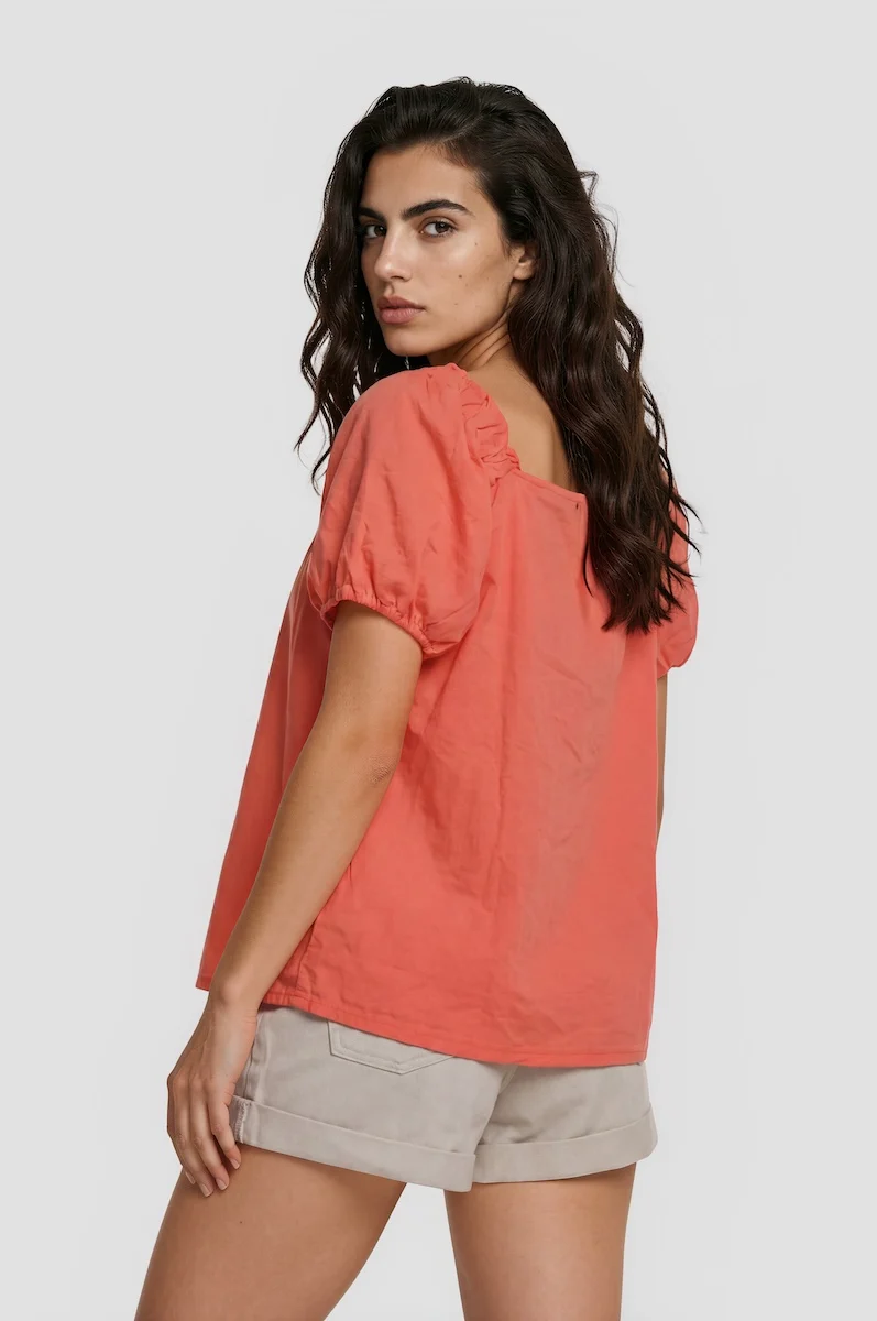 Square Neck Bell Sleeve Top - Coral - Image 2