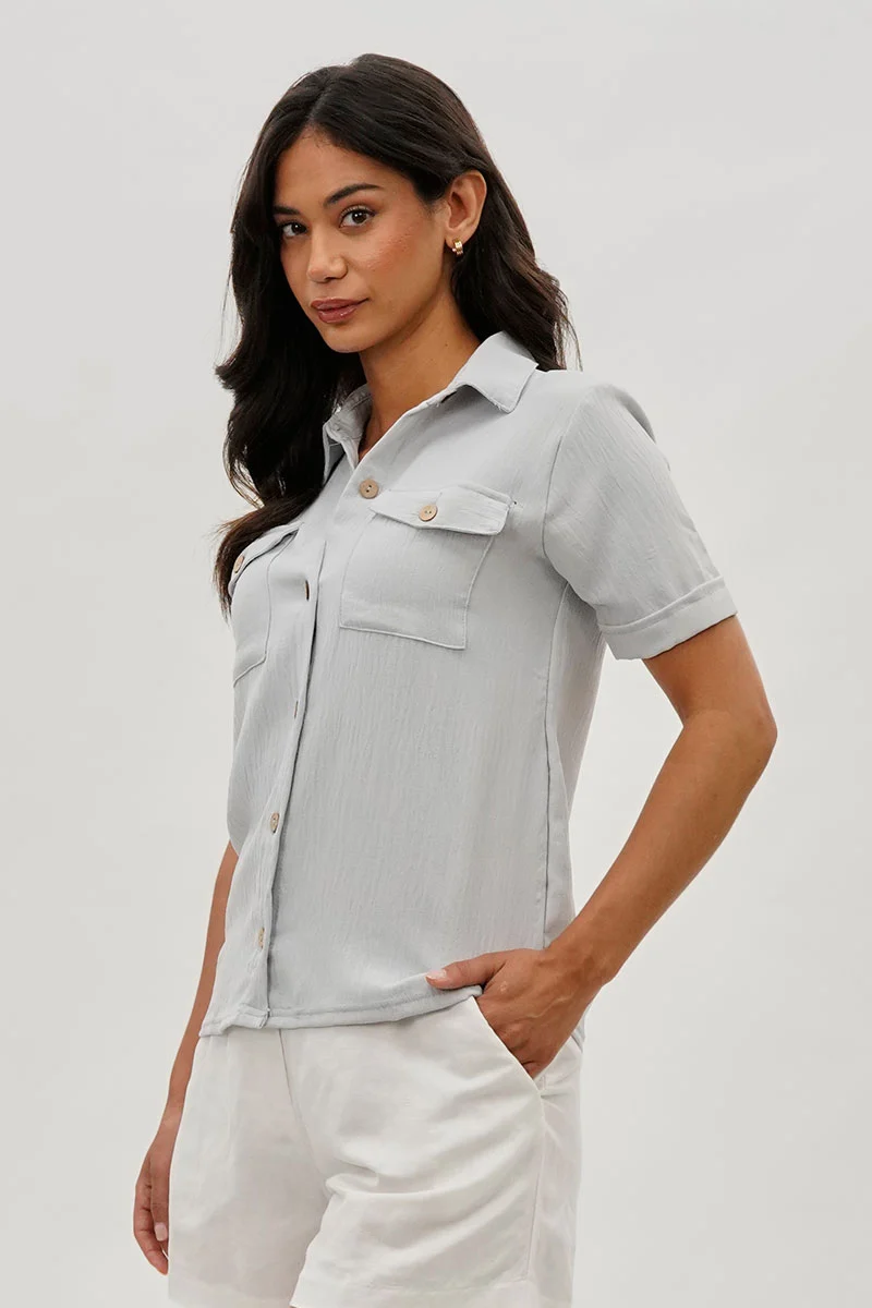 Vintage Button Down Short Sleeve Shirt - Stone - Image 2