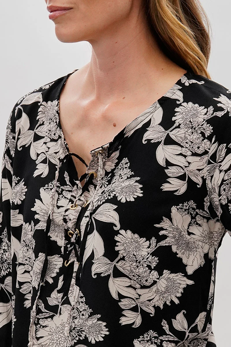 Floral Lace Up Blouse - Black - Image 4