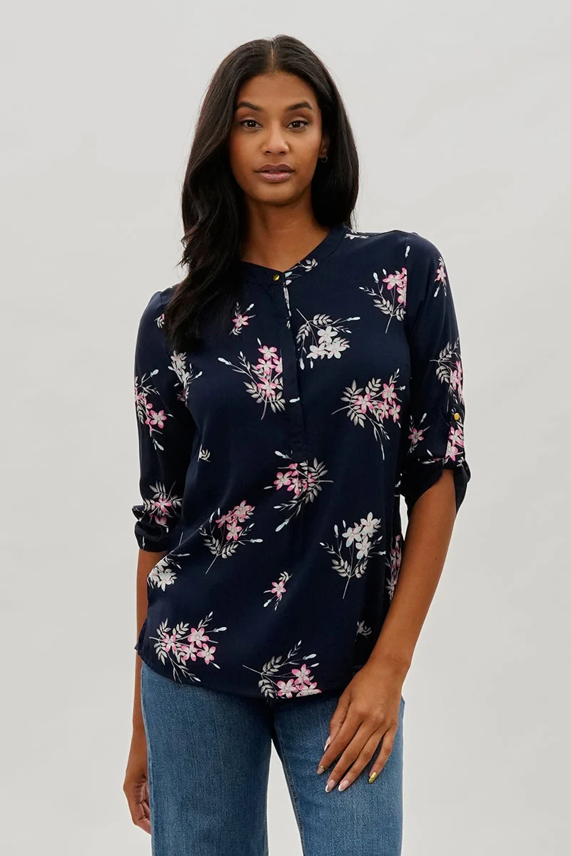 Floral Roll Up Sleeve Blouse - Navy