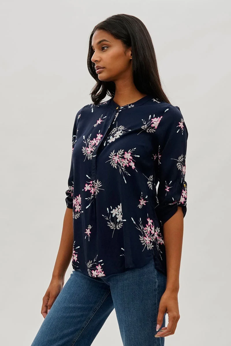 Floral Roll Up Sleeve Blouse - Navy - Image 2