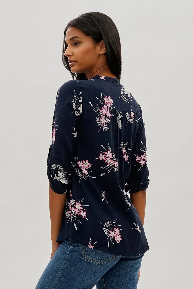 Floral Roll Up Sleeve Blouse - Navy - Image 3