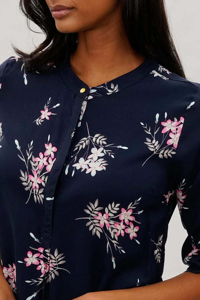 Floral Roll Up Sleeve Blouse - Navy - Image 4