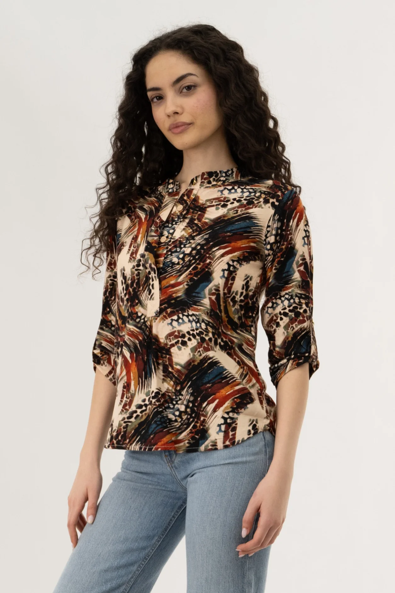 Printed Roll Up Sleeve Blouse - Brown - Image 2