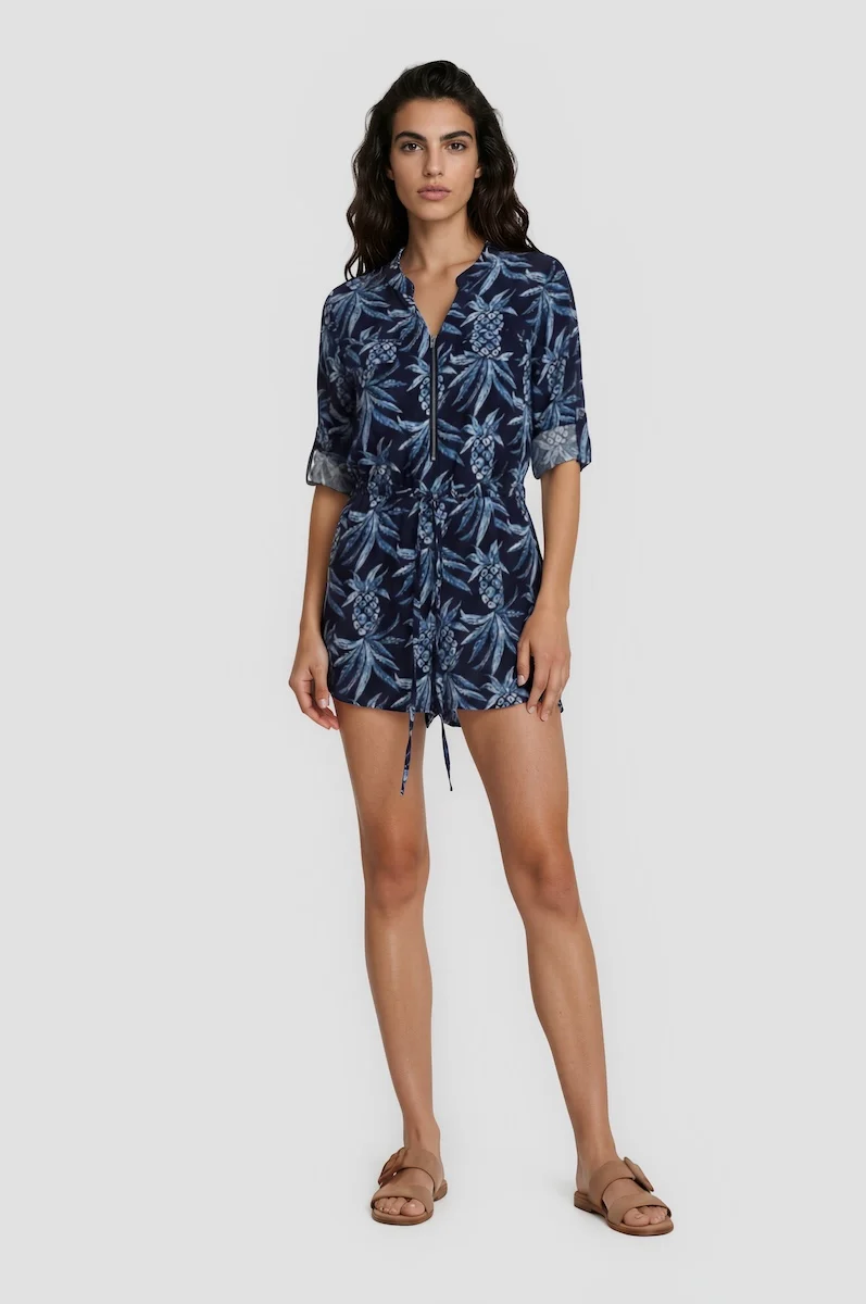 Half Zip Printed Tunic - Navy