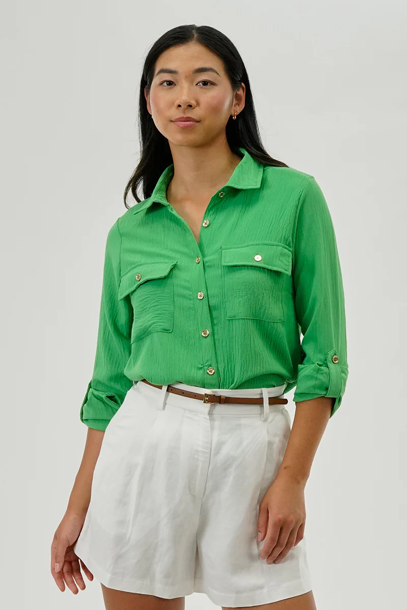Button Down Utility Pocket Blouse - Green