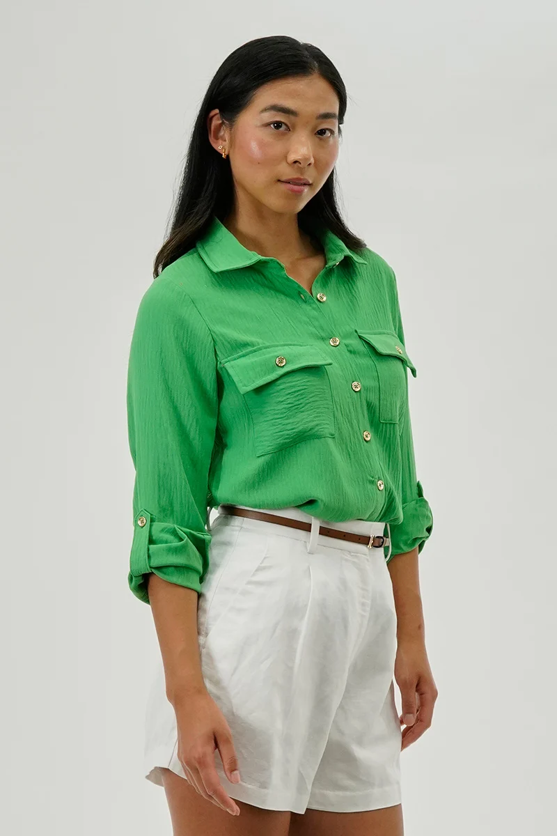 Button Down Utility Pocket Blouse - Green - Image 2
