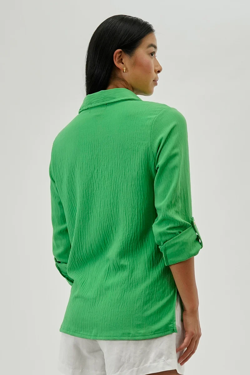 Button Down Utility Pocket Blouse - Green - Image 3