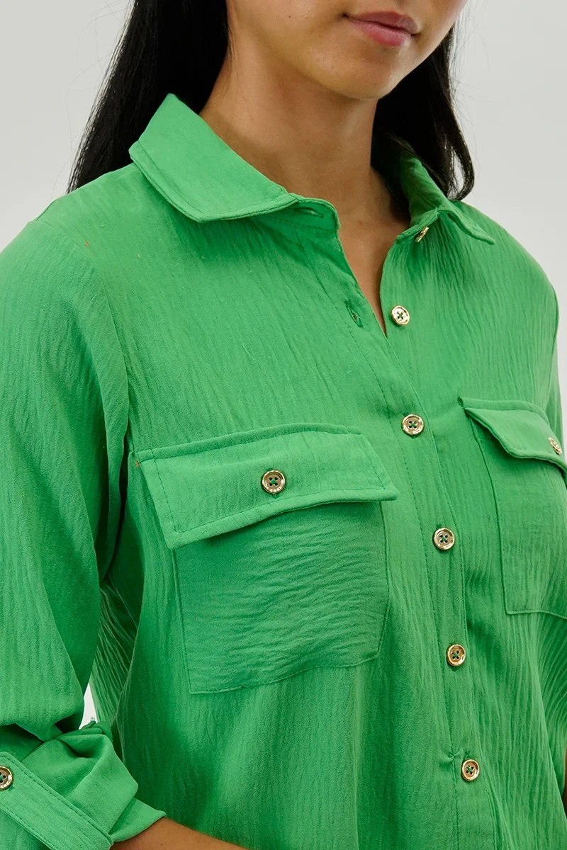 Button Down Utility Pocket Blouse - Green - Image 4