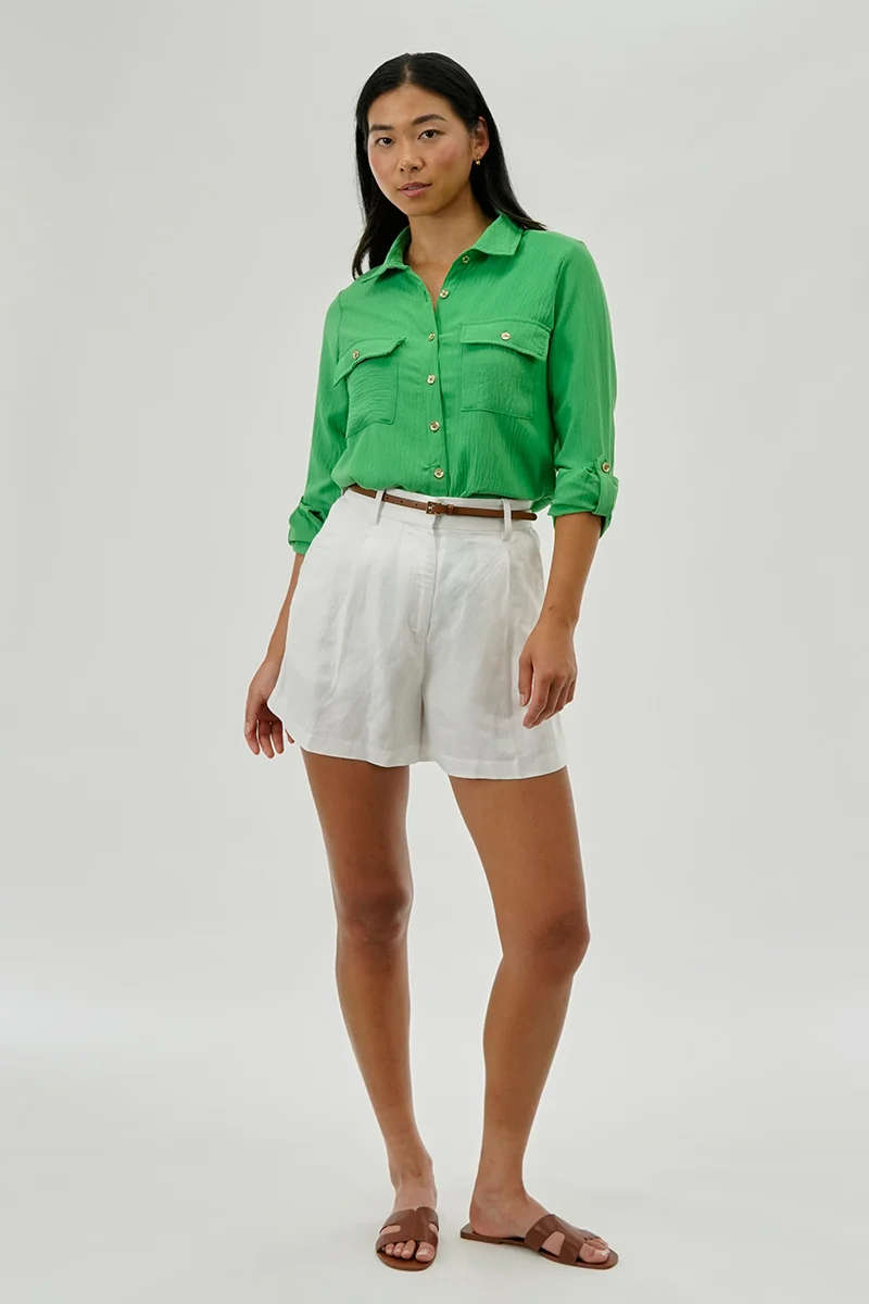 Button Down Utility Pocket Blouse - Green - Image 5