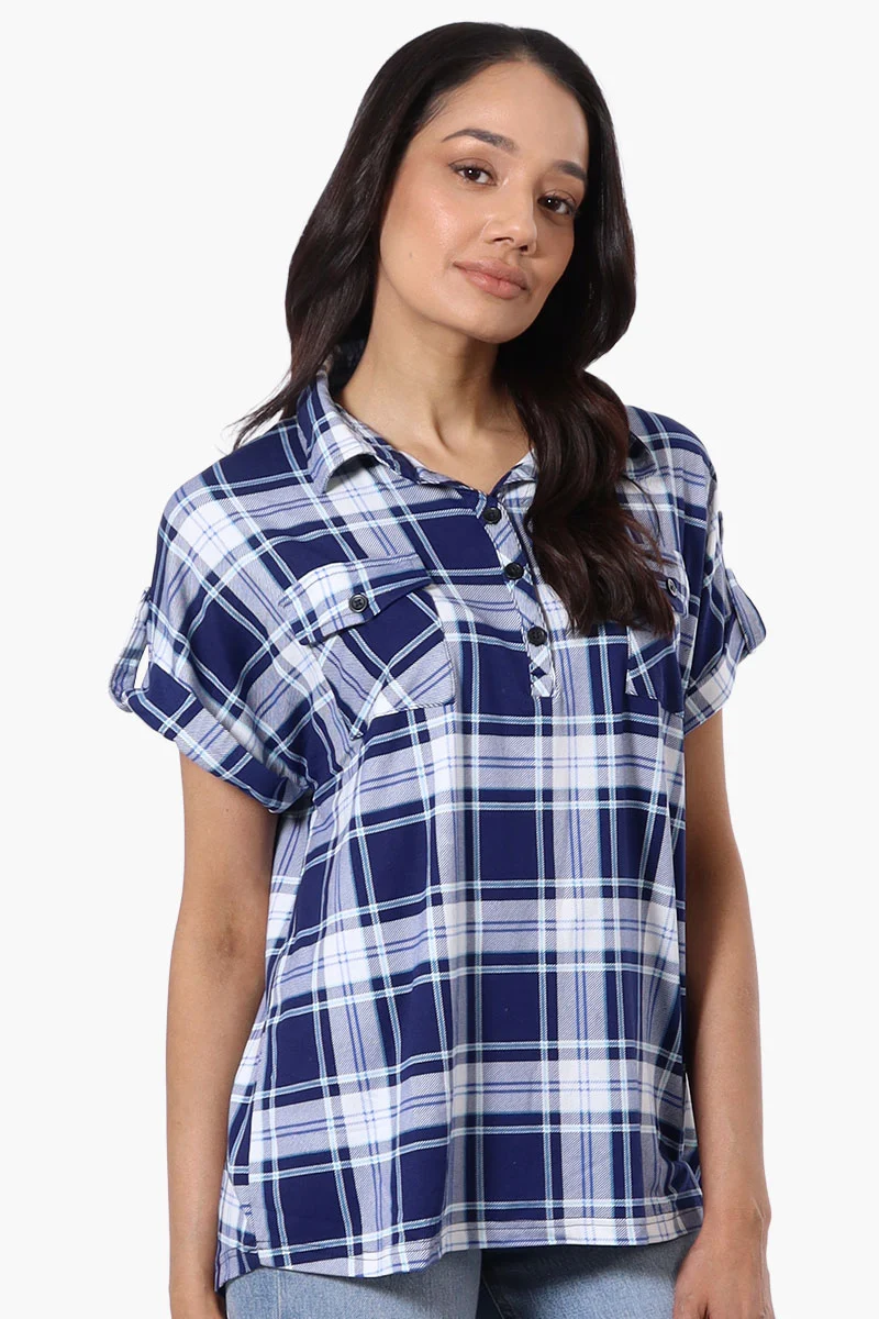 Plaid Button Down Short Sleeve Shirt - Navy