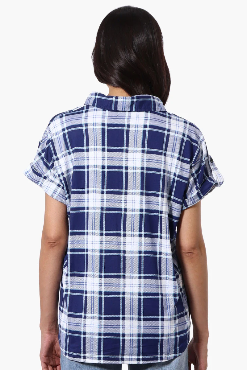 Plaid Button Down Short Sleeve Shirt - Navy - Image 3