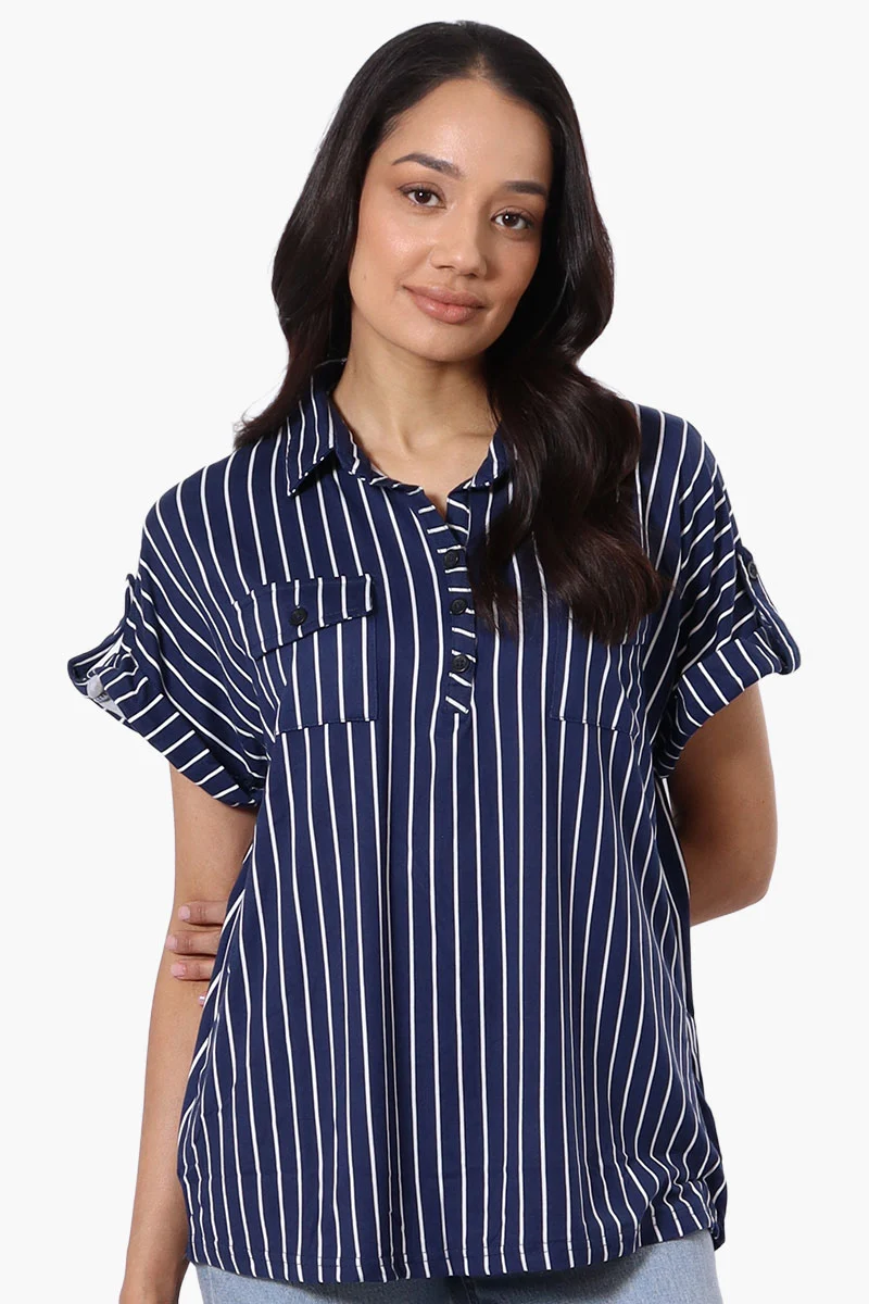 Striped Button Down Short Sleeve Shirt - Navy