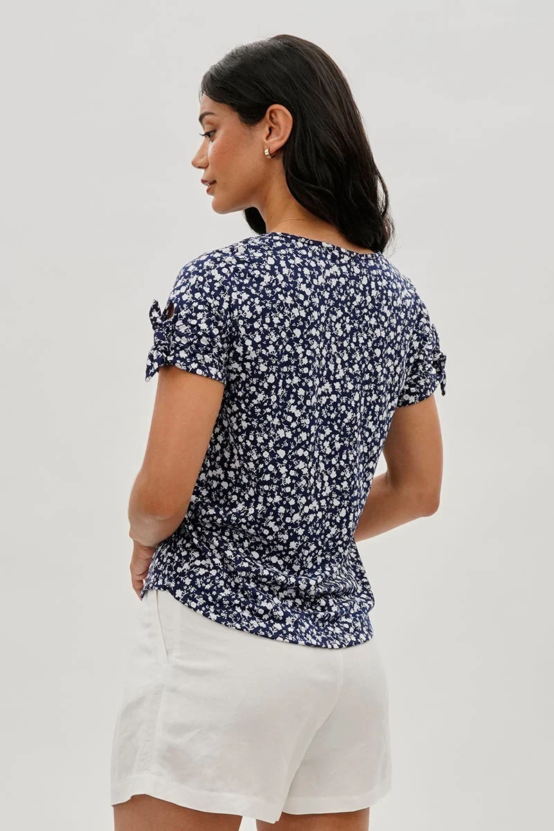 Floral Tie Sleeve Tee - Navy - Image 3