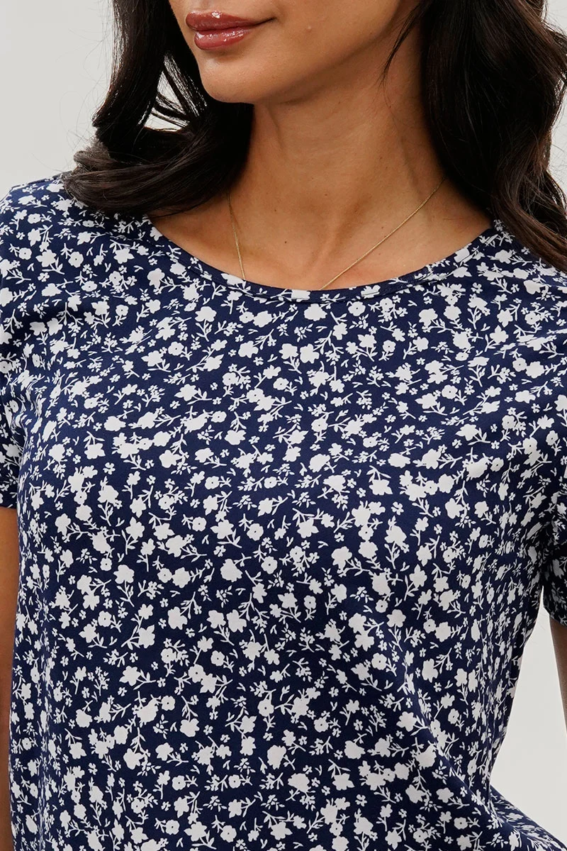 Floral Tie Sleeve Tee - Navy - Image 4
