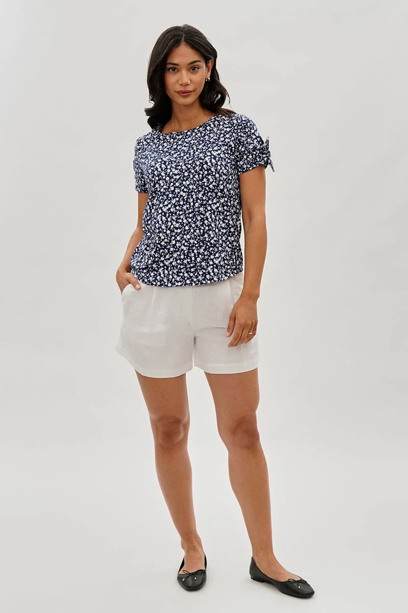 Floral Tie Sleeve Tee - Navy - Image 5