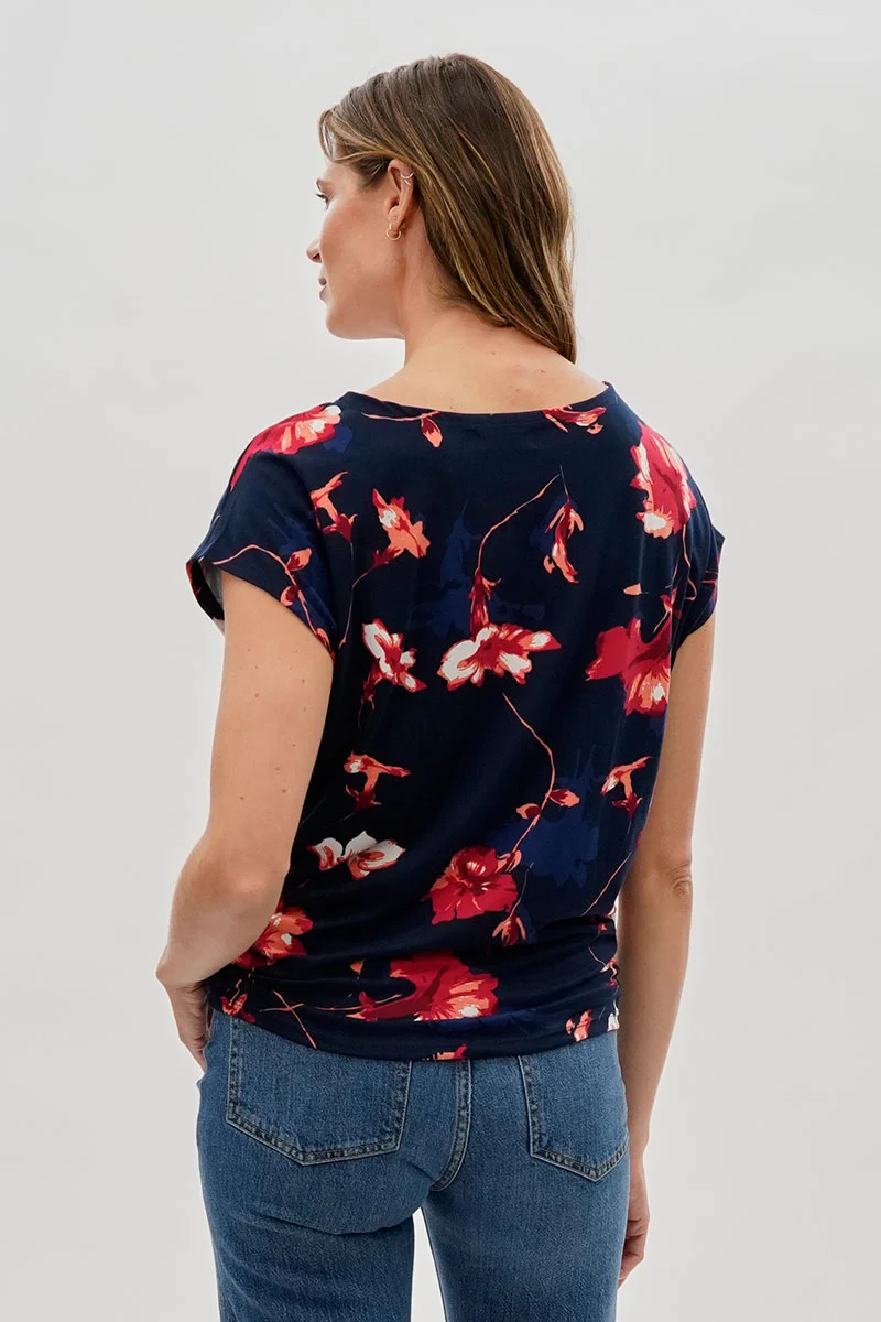 Floral Ruched Side Blouse - Navy - Image 3