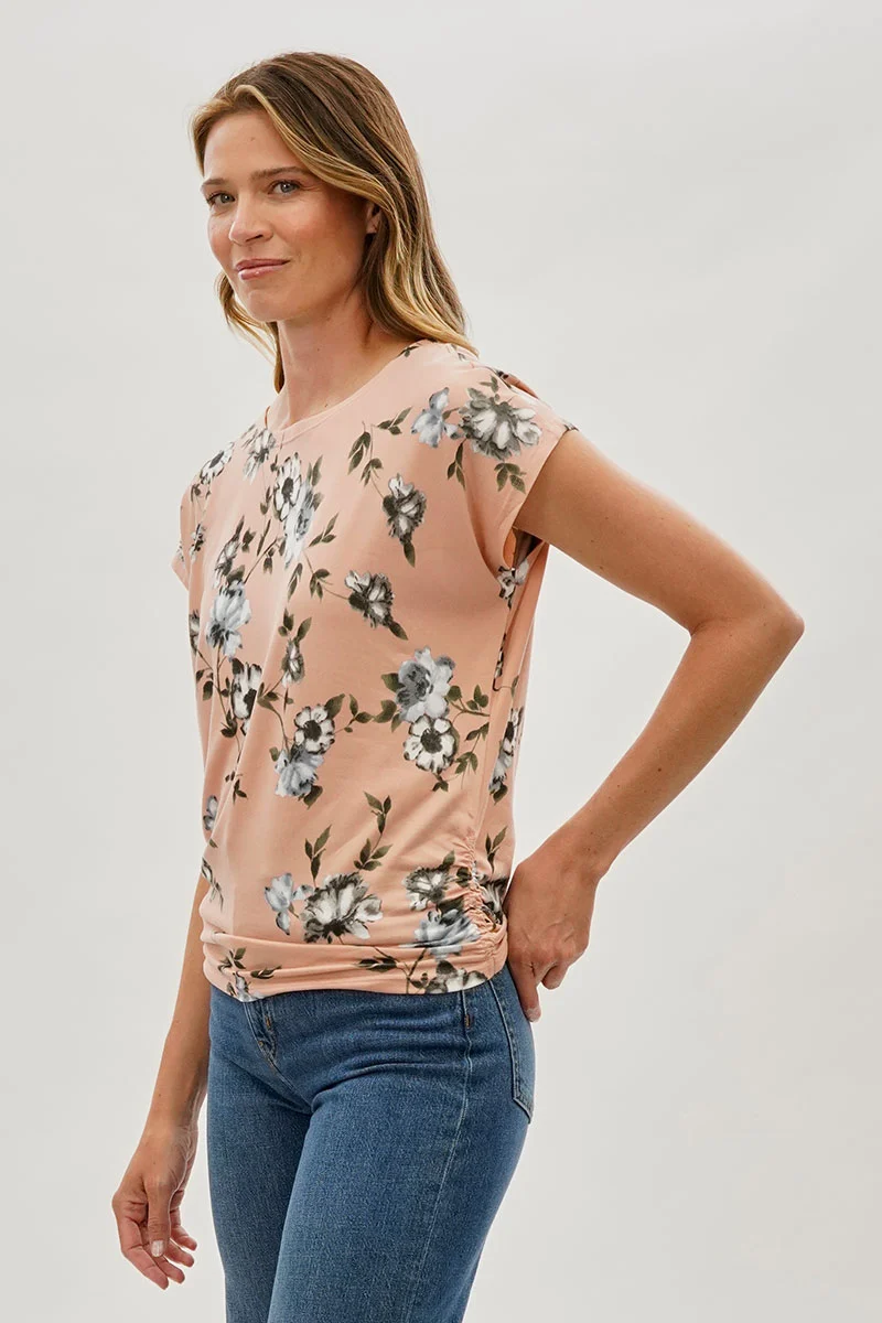 Floral Ruched Side Blouse - Peach - Image 2
