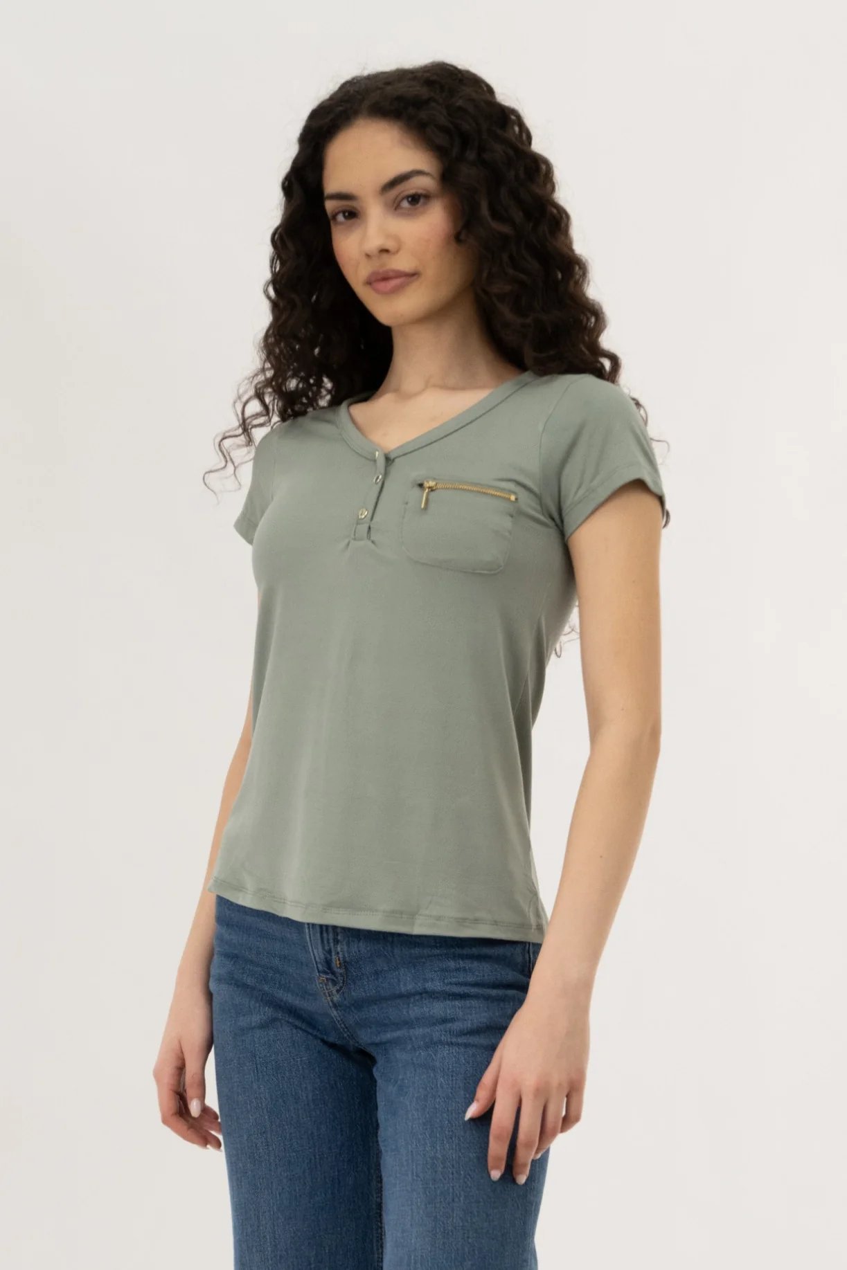 Henley With Zipper Tee - Green - Image 2