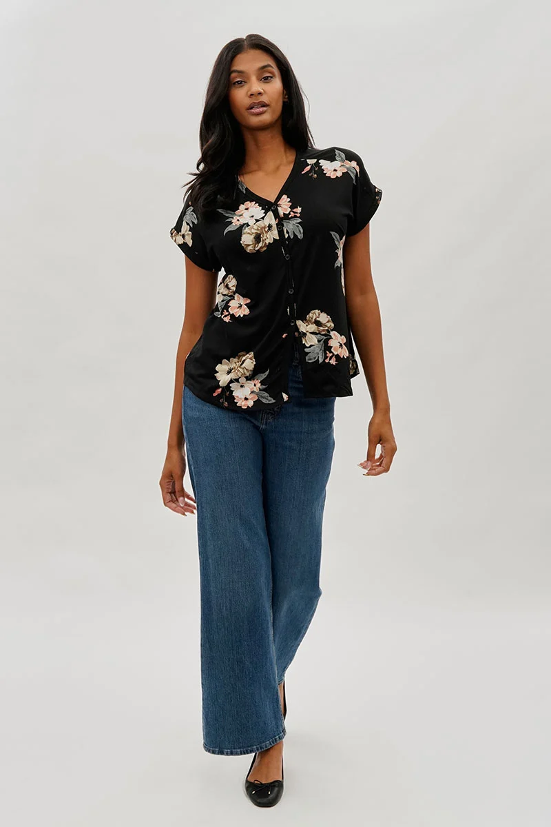 Floral Button Up Tee - Black - Image 5
