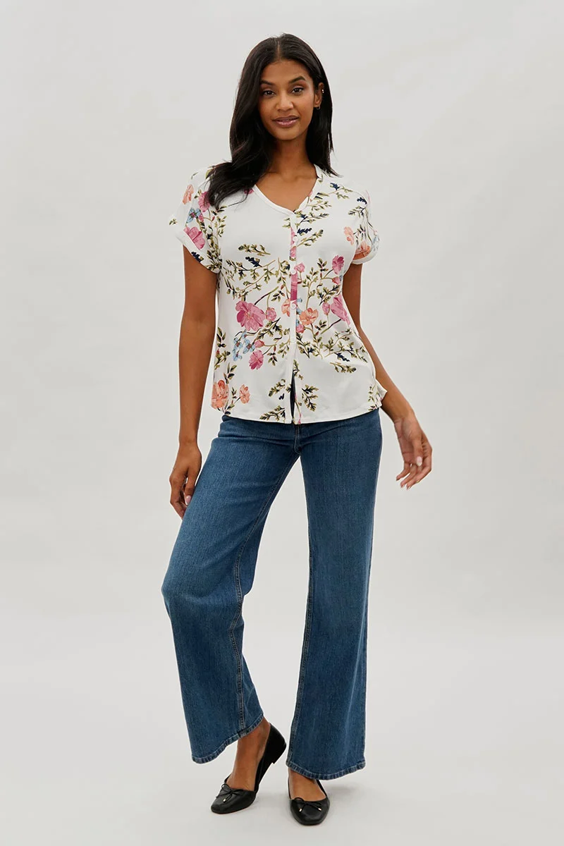 Floral Button Up Tee - White - Image 5