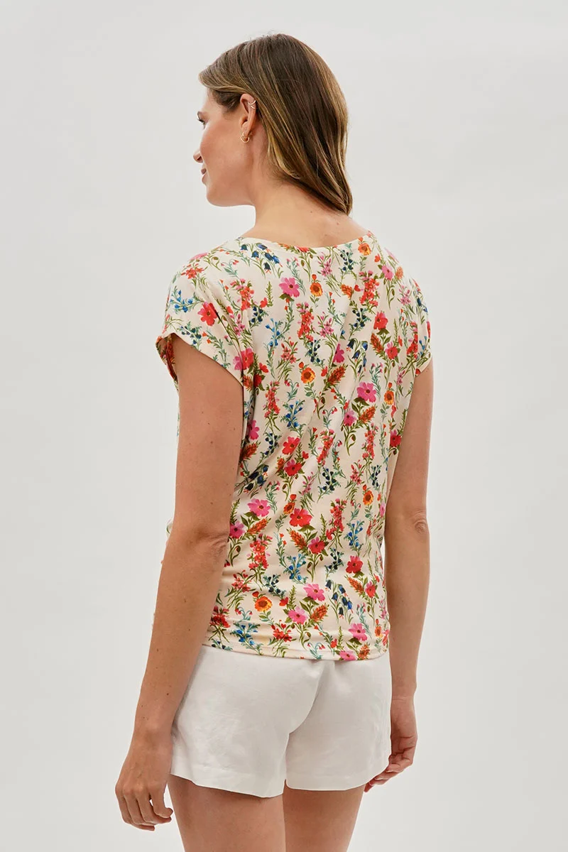 Floral Ruched Side Blouse - Cream - Image 3