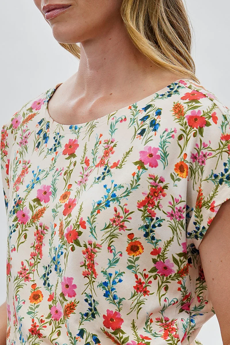 Floral Ruched Side Blouse - Cream - Image 4