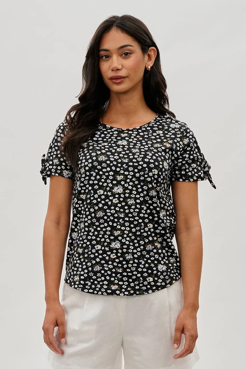 Floral Tie Sleeve Tee - Black