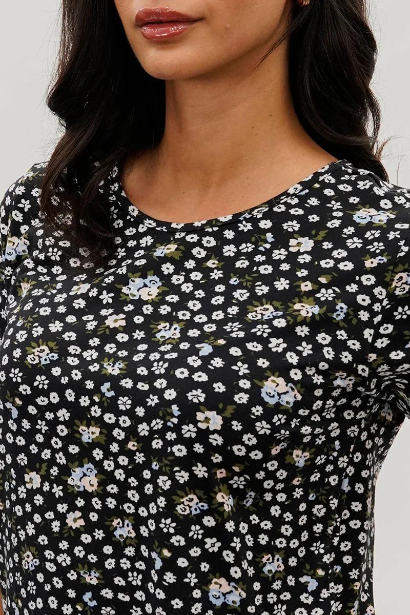 Floral Tie Sleeve Tee - Black - Image 4