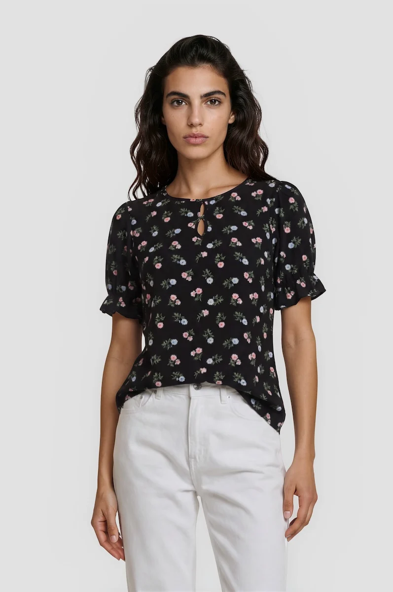 Puff Sleeve Keyhole Neck Top - Black