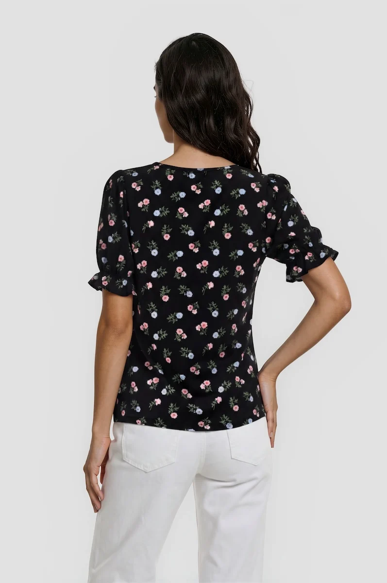 Puff Sleeve Keyhole Neck Top - Black - Image 2