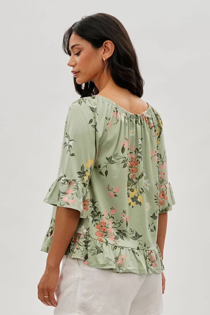 Floral Ruffle Hem Blouse - Mint - Image 3