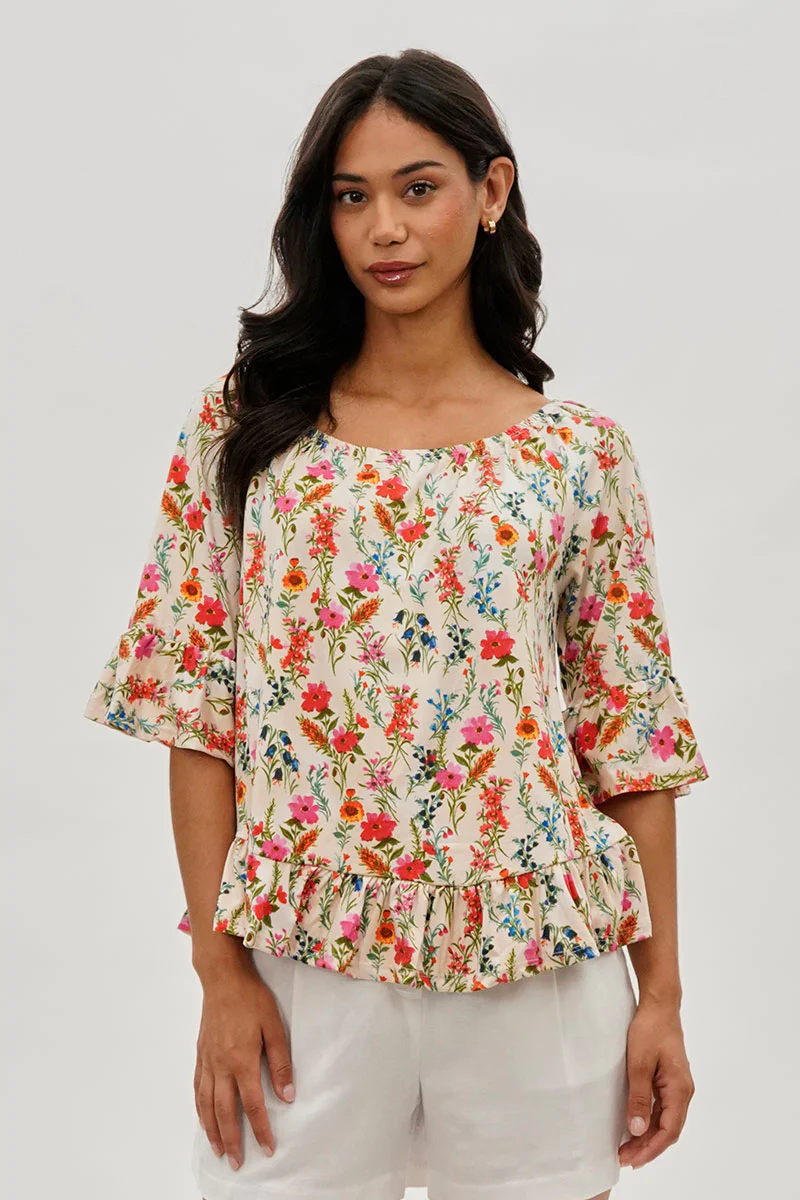 Floral Ruffle Hem Blouse - Cream