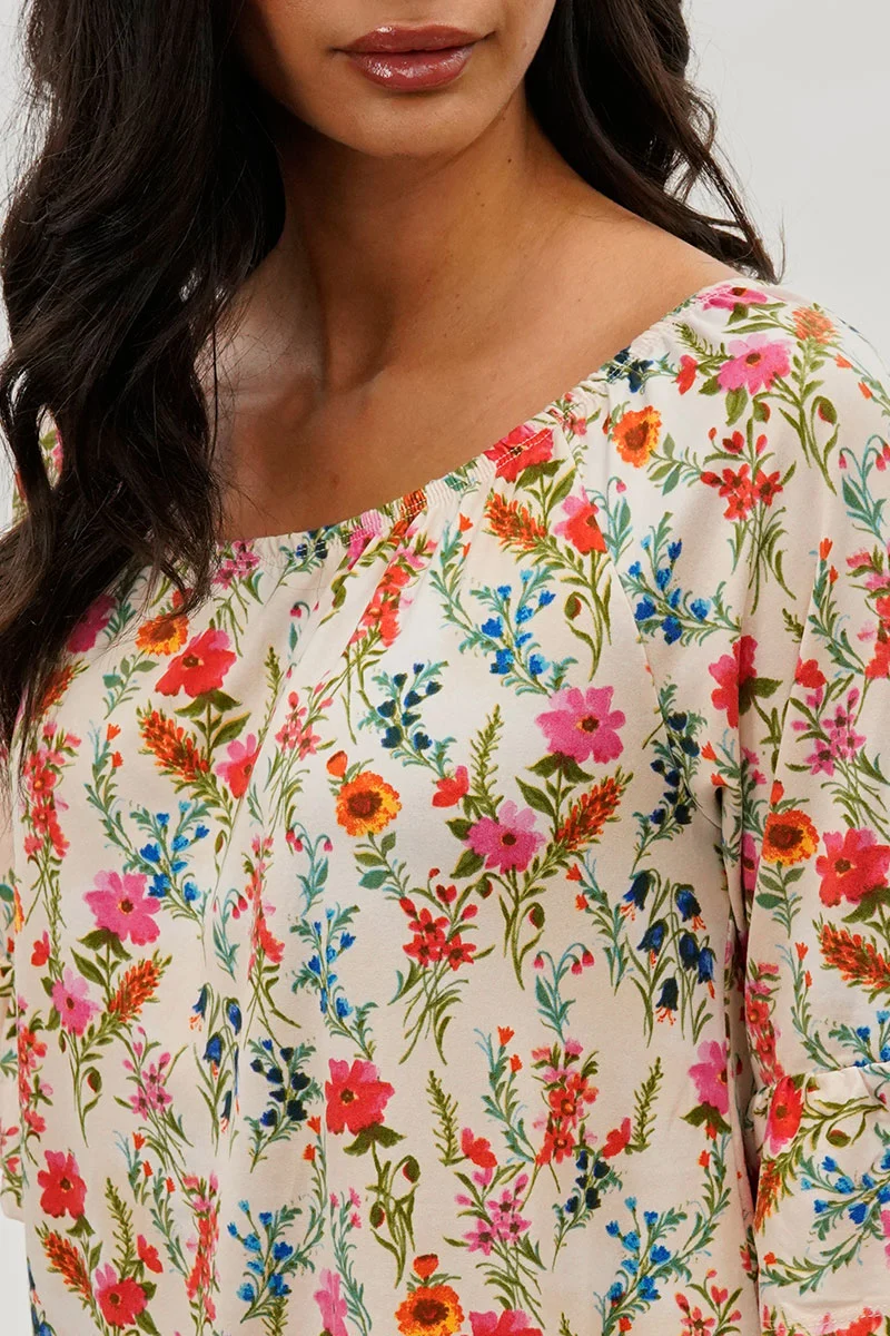 Floral Ruffle Hem Blouse - Cream - Image 4