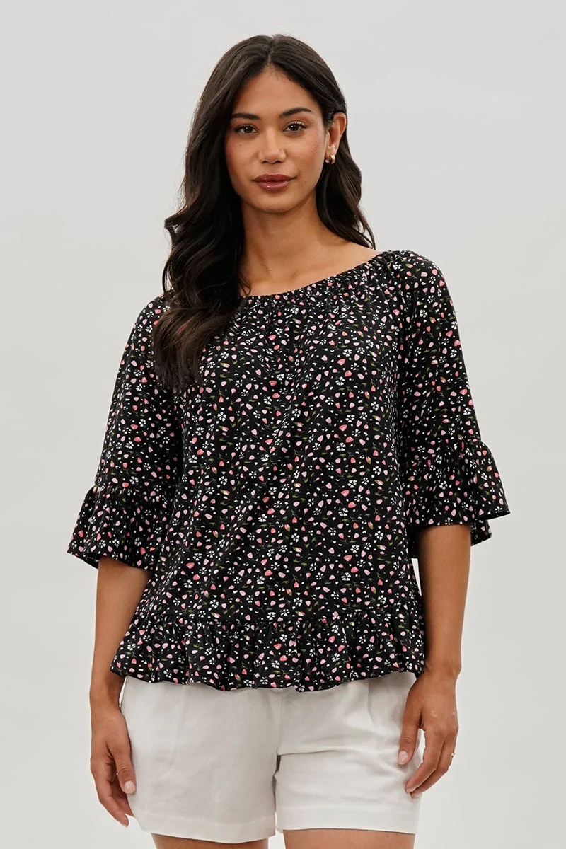 Floral Ruffle Hem Blouse - Black