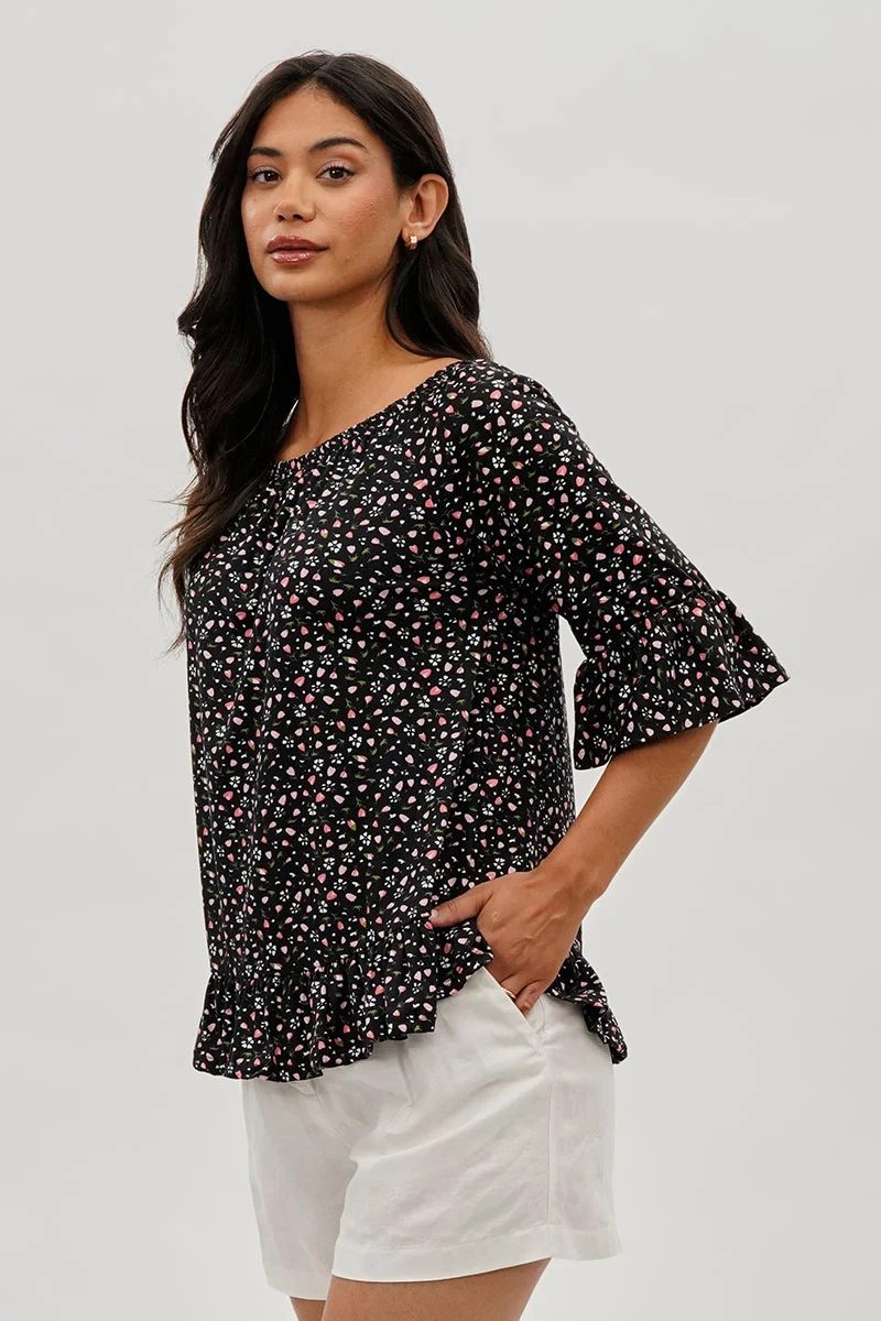Floral Ruffle Hem Blouse - Black - Image 2