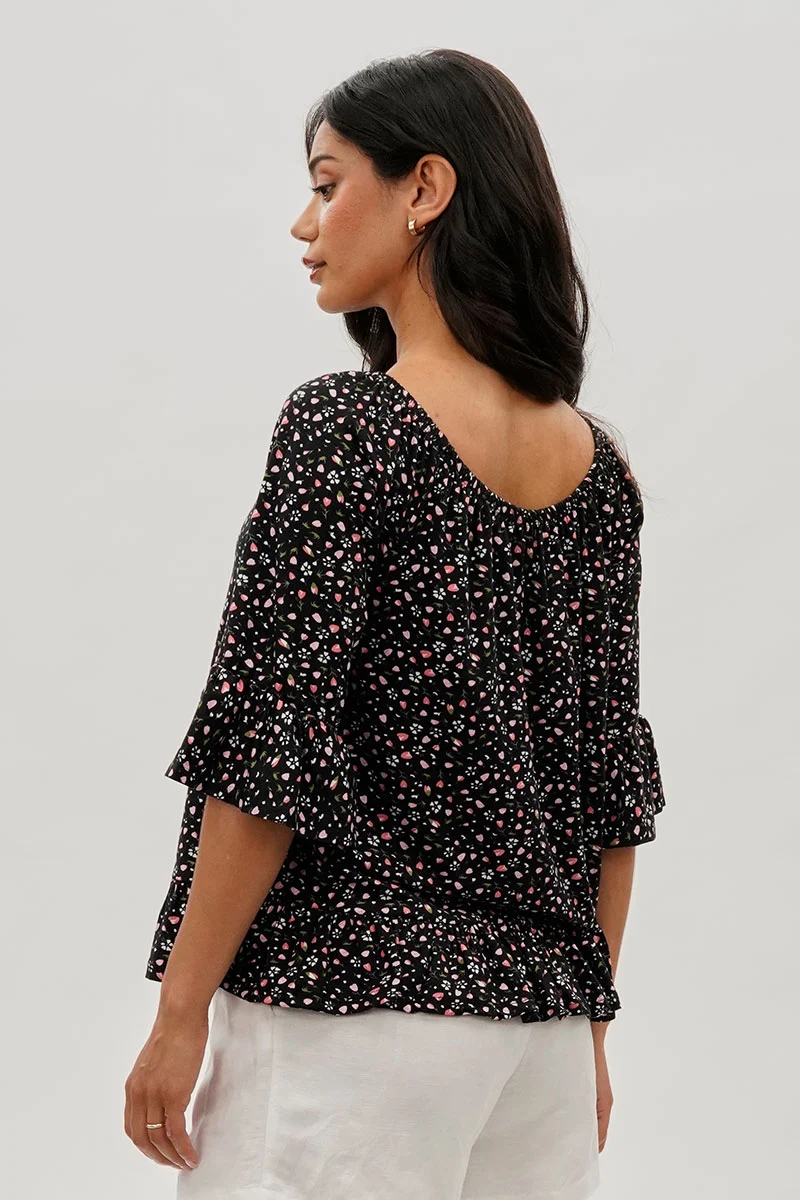 Floral Ruffle Hem Blouse - Black - Image 3
