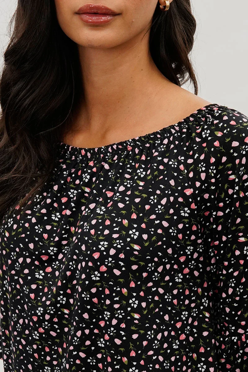 Floral Ruffle Hem Blouse - Black - Image 4