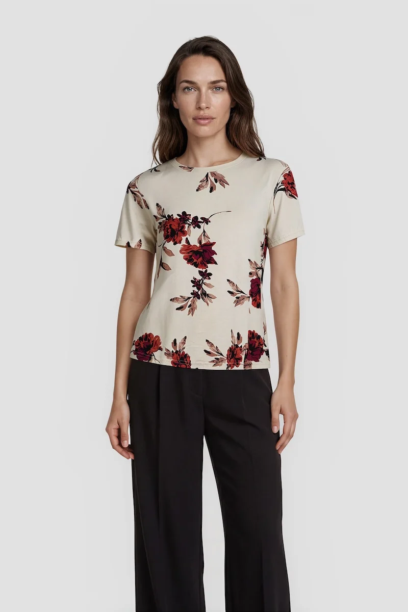 Short Sleeve Flower Print Shirt - Beige