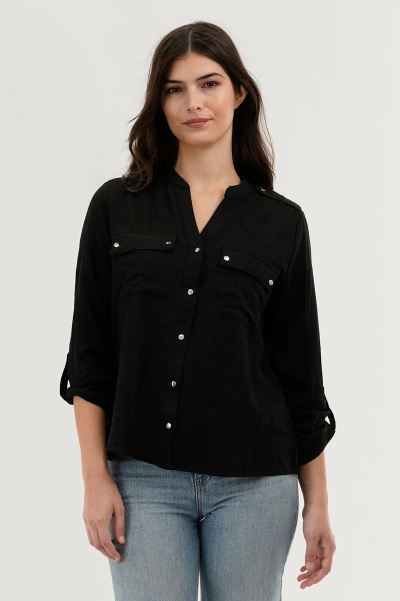 Roll Up Sleeve Utility Pocket Blouse - Black