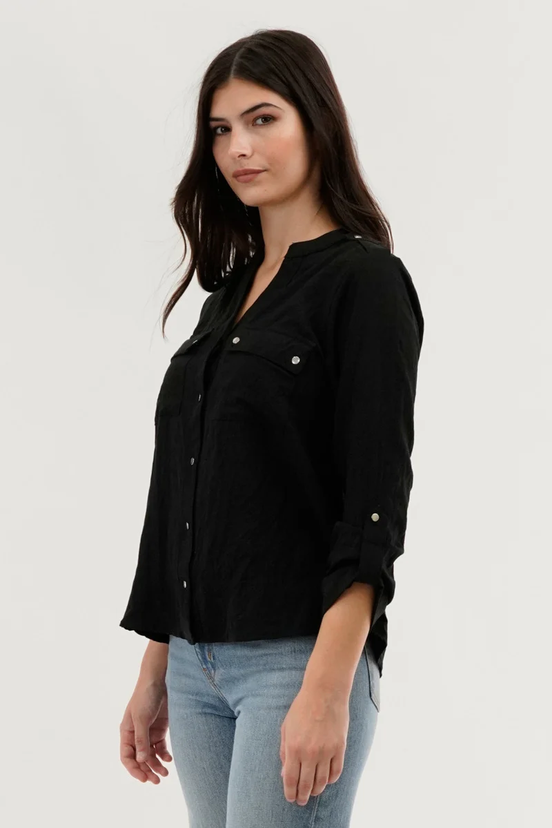 Roll Up Sleeve Utility Pocket Blouse - Black - Image 2