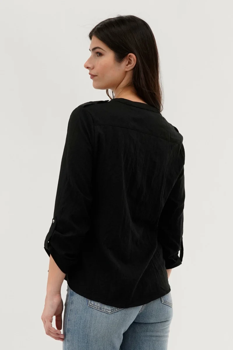Roll Up Sleeve Utility Pocket Blouse - Black - Image 3