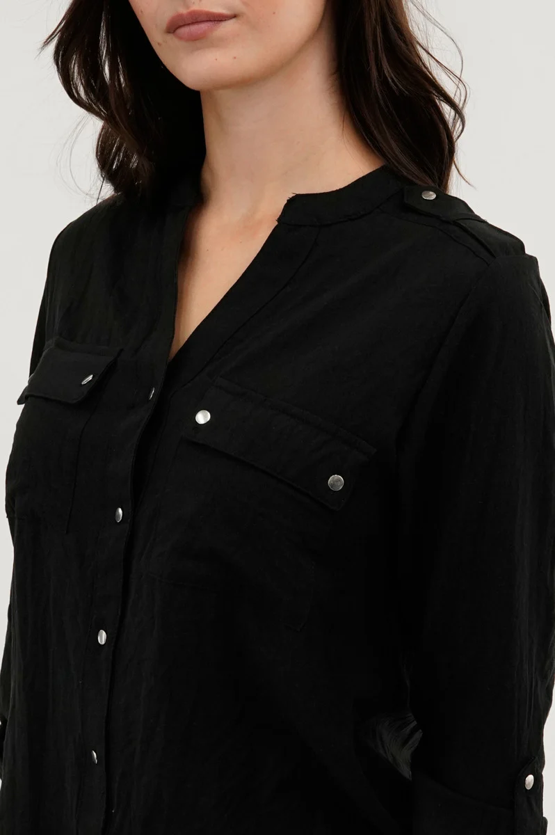 Roll Up Sleeve Utility Pocket Blouse - Black - Image 4