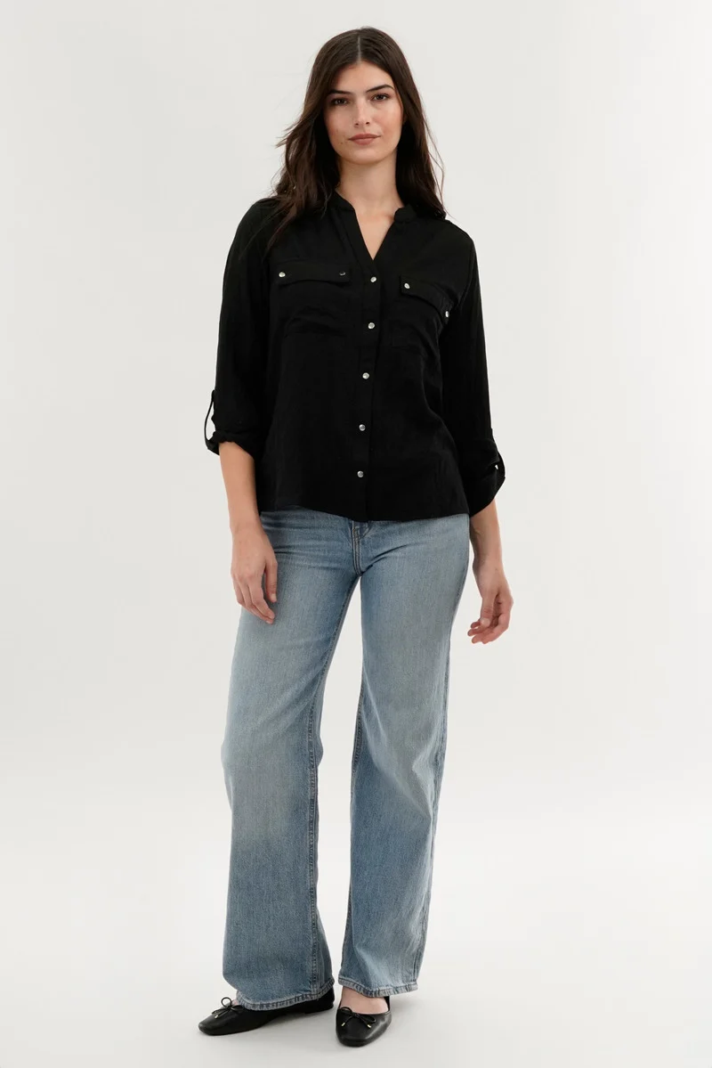 Roll Up Sleeve Utility Pocket Blouse - Black - Image 5