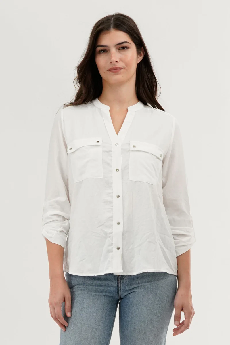 Roll Up Sleeve Utility Pocket Blouse - White