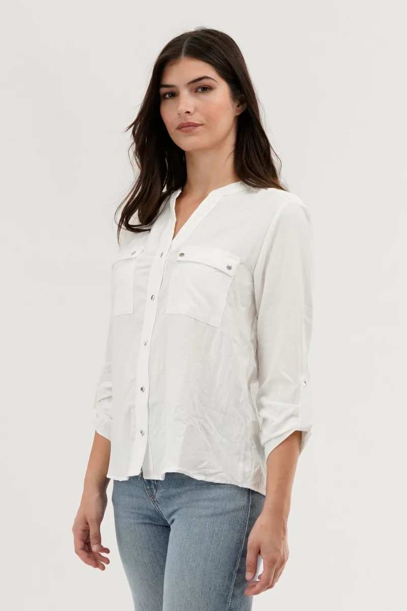 Roll Up Sleeve Utility Pocket Blouse - White - Image 2