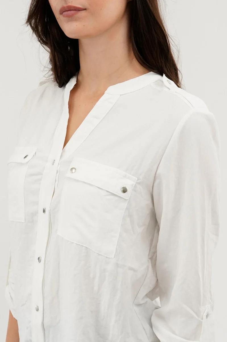 Roll Up Sleeve Utility Pocket Blouse - White - Image 4