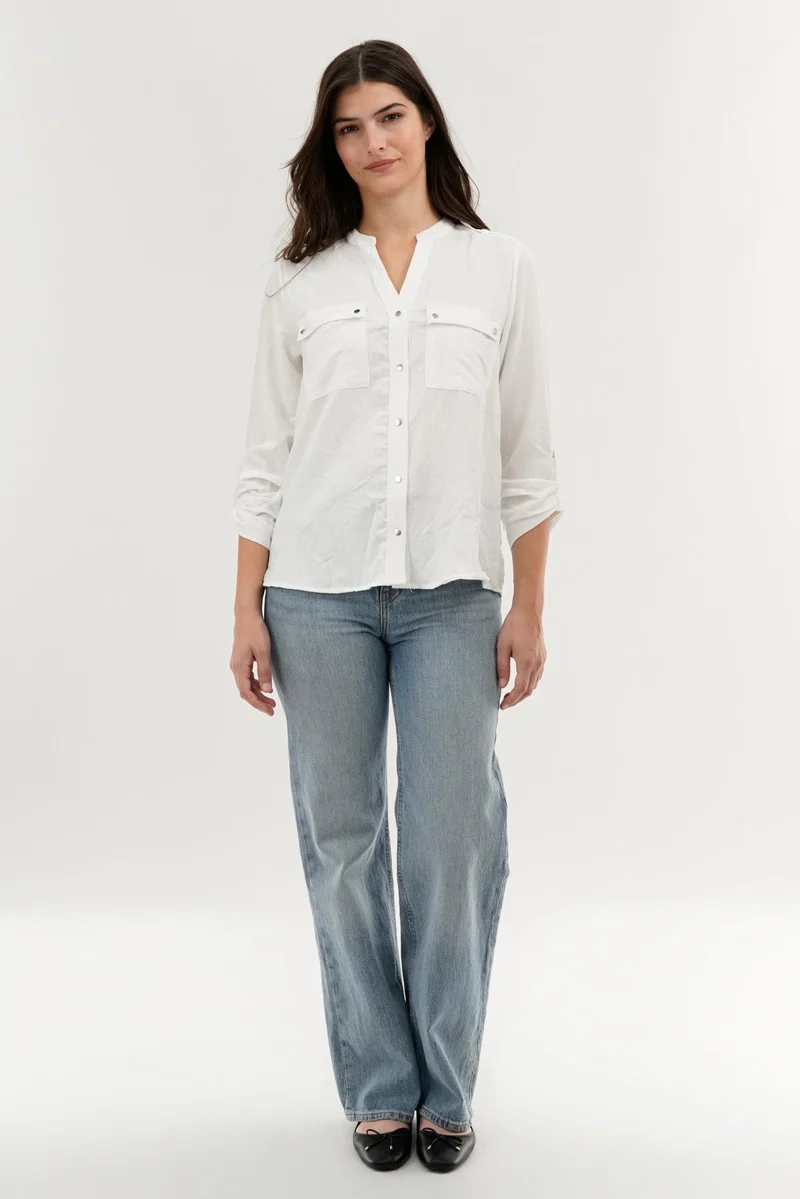 Roll Up Sleeve Utility Pocket Blouse - White - Image 5